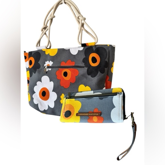 Farmhouse Is My Style Canvas Floral Gray Tote Hand Bag Purse and Wallet Set - Picture 1 of 16